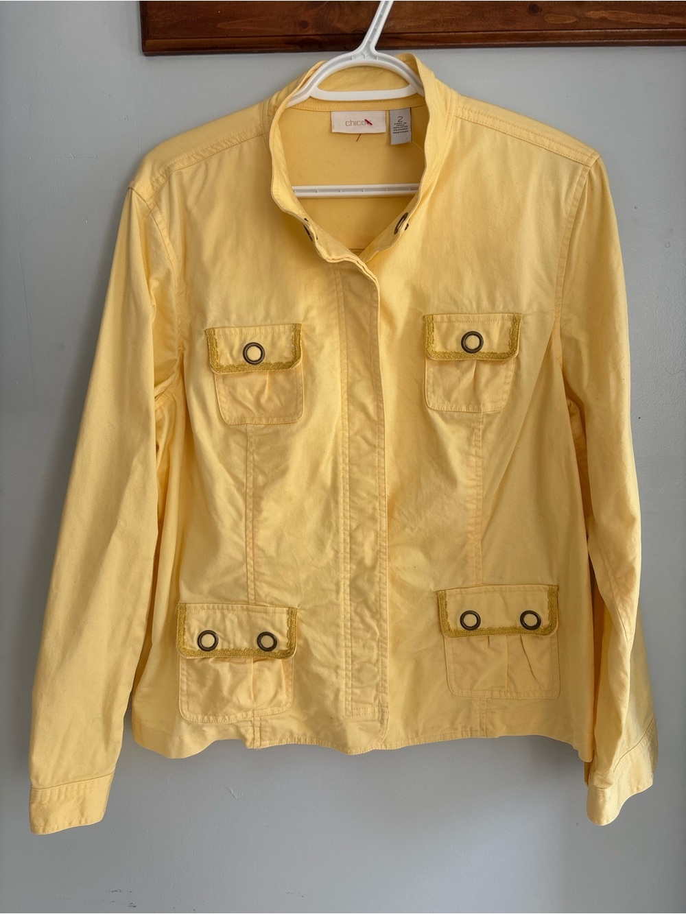 Chico's Light Yellow Utility Jacket with Snap Pockets
